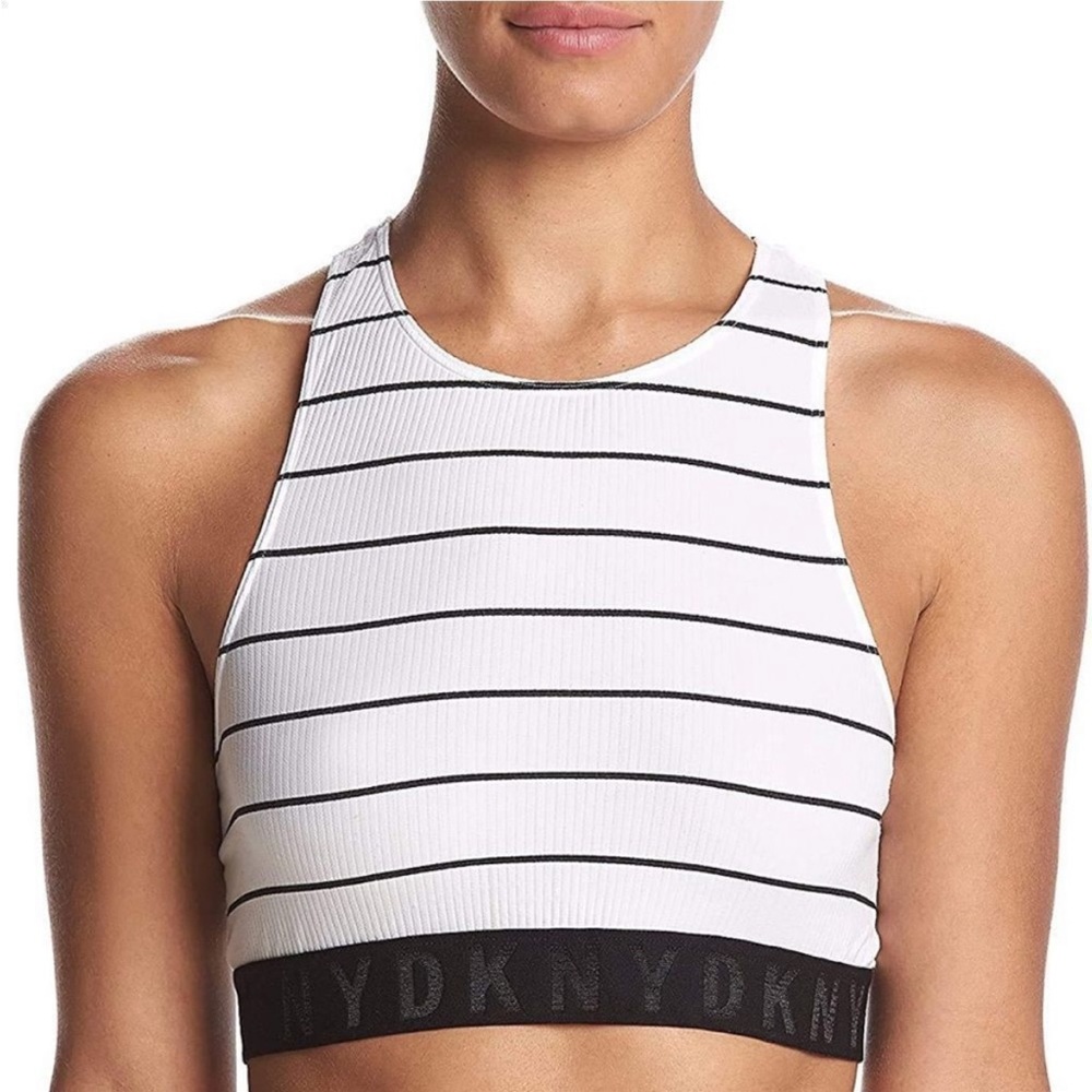 DKNY Sports Bra Striped Seamless Rib Crop Black and White Size M